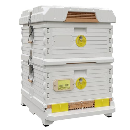 Apimaye Ergo Insulated Bee Hive Set with Plastic PRO Frames with Premier Double Wax Foundations (White Body Yellow Entrance, Double Deep)