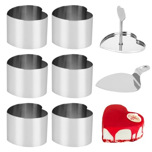 Ismosm6 Pack Cake Ring Molds with 1 Pusher 1 Lifter, 3 Inch Seamless Mini Cheese Cake Cutter Ring Set, Stainless Steel Mini Food Mold for Mousse, Food Plating, Cookies, Baking (Heart) - color: Heart