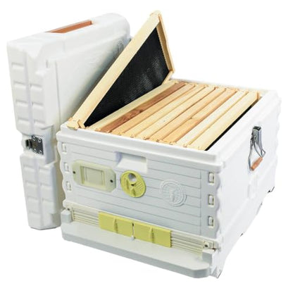 Apimaye Ergo Insulated Bee Hive Set with Wood Frames with Premier Double Wax Foundations (Double) (White Body Yellow Entrance, Double)