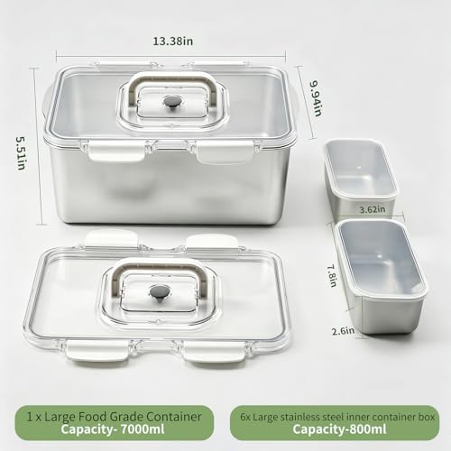 Extra Large 304 Stainless Steel Food Storage with 6 Divided Compartments & Individual Lids–240oz Meal Prep Container for Roasting Turkey, Bread, Fruits–Oven Safe, BPA Free, Dishwasher Safe - size: 7000ml + 6 Small Containers Set
