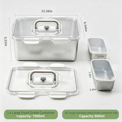 Extra Large 304 Stainless Steel Food Storage with 6 Divided Compartments & Individual Lids–240oz Meal Prep Container for Roasting Turkey, Bread, Fruits–Oven Safe, BPA Free, Dishwasher Safe - size: 7000ml + 6 Small Containers Set
