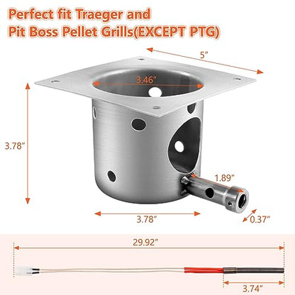 QuliMetal Upgraded Fire Burn Pot and Hot Rod Ignitor Kit Replacement Parts for Traeger, Pit Boss & Camp Chef Pellet Grill Smoker, Durable Fire Burner Pot with Ash Remover, Screws & Fuse - size: Fire Burn Pot + Hot Rod Ignitor