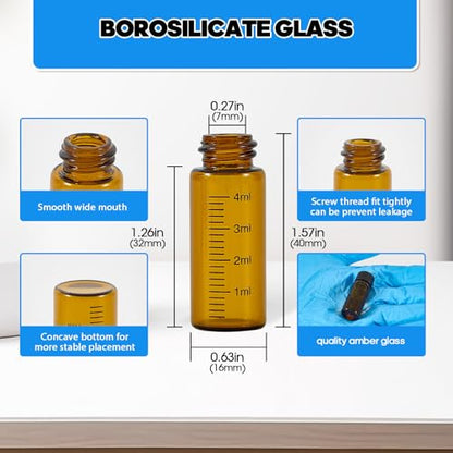4ml Amber Glass Graduated Vials with Screw Caps and Plastic Stoppers, 1 Dram Small Sample Vials with Lids, Leak-Proof Liquid Storage Empty Vial, 12PCS - color: AMBER, size: 4ml
