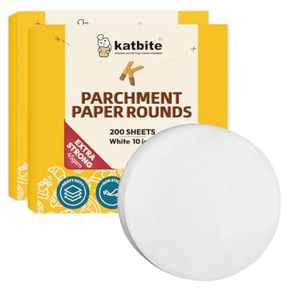 Katbite 10 Inch Parchment Paper Rounds, 400Pcs Round Parchment Paper for Cake Baking, Air Fryer Liners, Freezing, Tortilla Press(2 Pack of 200Pcs) - size: 10inch-400