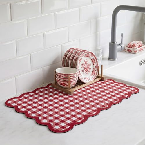 Scalloped Gingham Coffee Mat 12" x 20" Absorbent Coffee Bar Mat Gingham Espresso Matt for Counter(Red) - color: Red