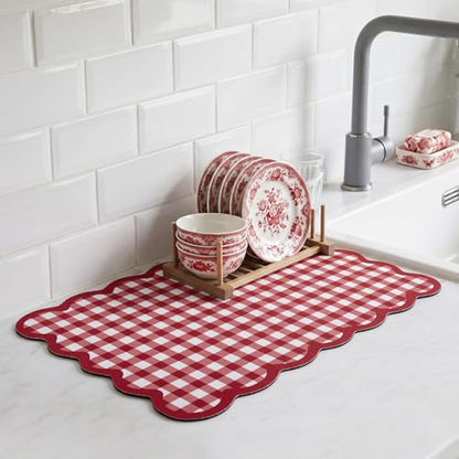 Scalloped Gingham Coffee Mat 12" x 20" Absorbent Coffee Bar Mat Gingham Espresso Matt for Counter(Red) - color: Red