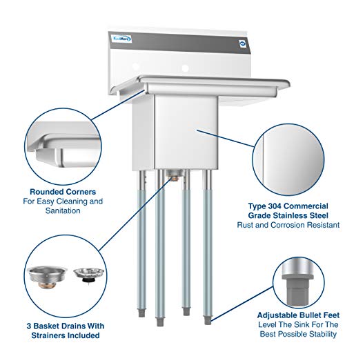 KoolMore 1 Compartment Stainless Steel NSF Commercial Kitchen Prep & Utility Sink with Drainboard - Bowl Size 10" x 14" X 10" - size: Right Drainboard