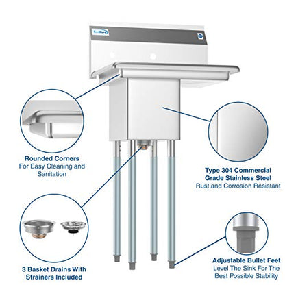 KoolMore 1 Compartment Stainless Steel NSF Commercial Kitchen Prep & Utility Sink with Drainboard - Bowl Size 10" x 14" X 10" - size: Right Drainboard