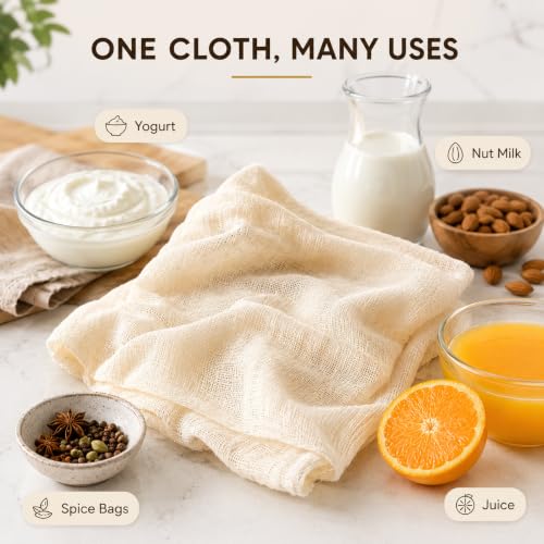 Reusable Cheesecloth, 20x20 Inch Hemmed 100% Unbleached Cotton Strainer Cloth, Washable for Cooking, Baking, Juicing & Cheese Making