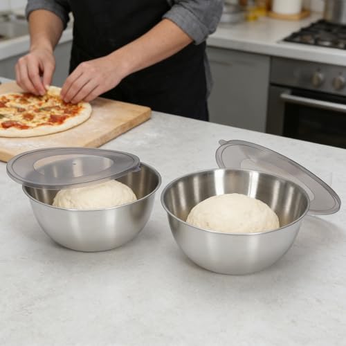 2 Pack Pizza Dough Proofing Container, Stainless Steel Round Dough Proofing Box with Clear Lid, Pizza Storage Container for Cold Fermentation, Bread Rising, Fridge Prep, and Home Bakers