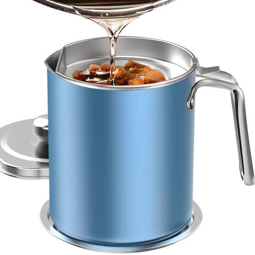 Chihee Grease Container Stainless Steel 2L / 67.6 fl oz Fine Mesh Strainer | Easy to Clean Large Spout Bacon Grease Saver Cooking Oil Keeper Stoarge Can with Dust-proof Lid Non-slip Tray Kitchen Frying - color: Azure(2L)