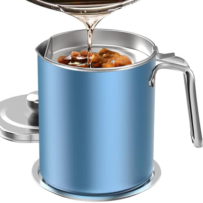 Chihee Grease Container Stainless Steel 2L / 67.6 fl oz Fine Mesh Strainer | Easy to Clean Large Spout Bacon Grease Saver Cooking Oil Keeper Stoarge Can with Dust-proof Lid Non-slip Tray Kitchen Frying - color: Azure(2L)