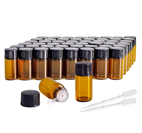 50Pcs 3ml Amber Sample Bottles,Mini Glass Essential Oil Bottle, with Black Screw Caps, for Travel Essential Oil and Perfume Vials Bottles (3ML)