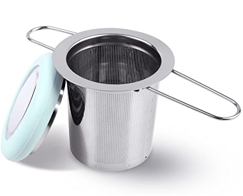 Tea Infuser Stainless Steel Tea Strainer Folding Handle Tea Filter Extra Fine Mesh Strainer Brewing Basket with Lid for Loose Leaf Tea (Light Blue) … - color: Light Blue