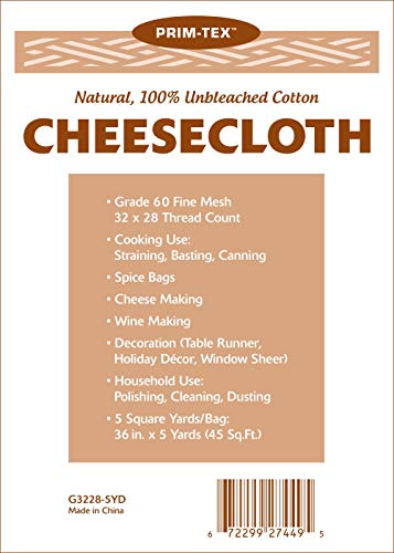 Cheesecloth, Natural Grade 60 Unbleached, 32x28 mesh, 5 Yards, For Cooking, Straining, Basting,Cheese-Making, Nut Milk Bag, Canning, Jellies, Reusable, 100% Cotton Fabric