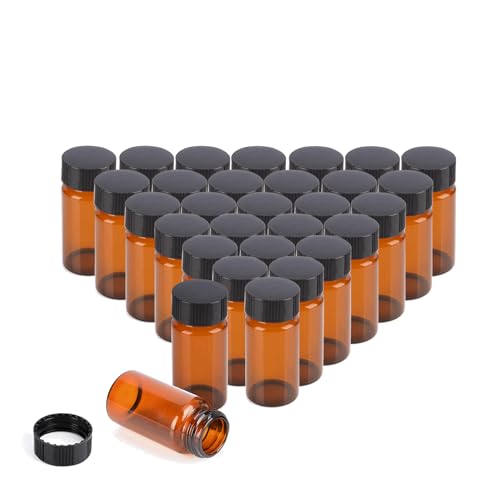 PEKYBIO 20 PCS 20 ML (5 dram) Amber Small Liquid Sample Glass Vials with Screw Caps, 27.5 MMX 57 mm Leak-Proof Vial, 24-400 Black Screw Cap with PE Liners for Lab, Essential Oil, Perfume, Reagents - size: 27.5*57mm 5 Dram & 20ml Vial