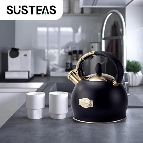 SUSTEAS Stove Top Whistling Tea Kettle - Food Grade Stainless Steel Teakettle Teapot with Cool Touch Ergonomic Handle, With 1 Silicone Pinch Mitt Included, 2.64 Quart(BLACK) - color: Black