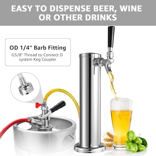 Single Beer tap Tower with 1/4 Barb, 3'' Draft Kegerator Tap Tower Stainless Steel Keg Tower Parts Stainless Core Self-Closing Beer Faucet Brewing Tower Dispenser with Pre-assembled Beer Lines Kit