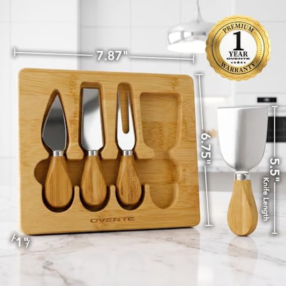 OVENTE 4 Piece Cheese Knife Set with Bamboo Handle & Wooden Case, Complete Stainless Steel Charcuterie Knives, Ideal Cheese Slicer, Spread & Butter Cutter for Party and Holiday Gift, Brown KCS5974B