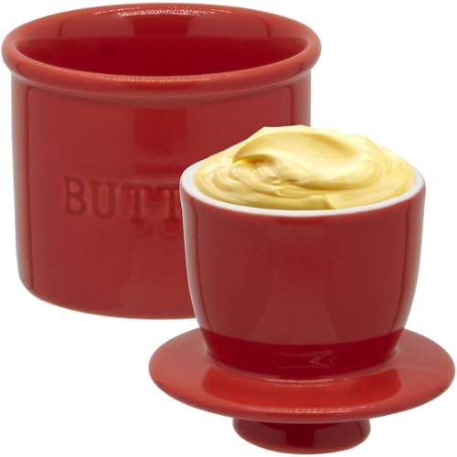 Ceramic Butter Crock, Airtight Butter Crock With Lid for Countertop, Round French Butter Keepers, Porcelain Butter Dish With Lid (Red) - size: Red