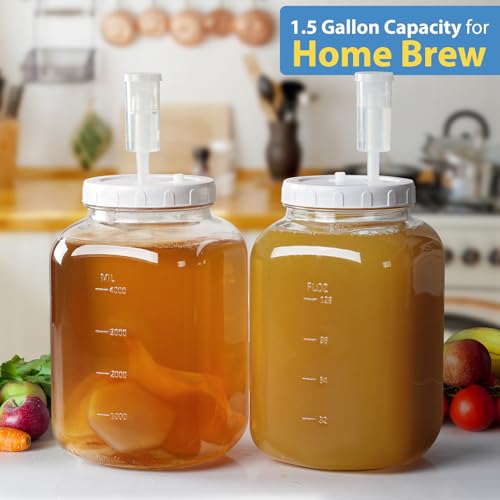 Glass Fermentation Jar Large Pickle Jar Kimchi Containers for Kumbucha Mead | 1.5 Gal, 4.3" Wide Mouth, 2pc, Airtight Lid & 3 Airlocks, ML/OZ Scale Line, Food Grade, BPA Free, Dishwasher Safe, 5700 ML