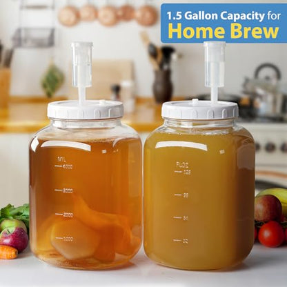 Glass Fermentation Jar Large Pickle Jar Kimchi Containers for Kumbucha Mead | 1.5 Gal, 4.3" Wide Mouth, 2pc, Airtight Lid & 3 Airlocks, ML/OZ Scale Line, Food Grade, BPA Free, Dishwasher Safe, 5700 ML