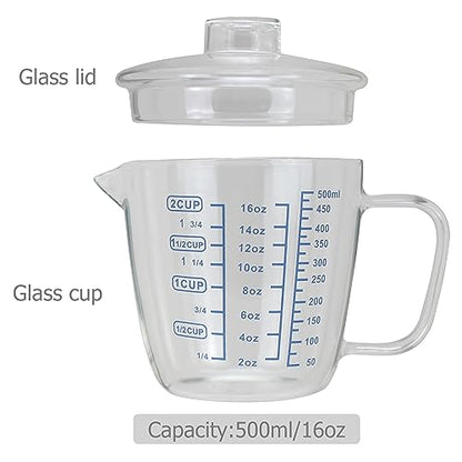 EIKS Glass Measuring Cup with Lid, Easy Grip Handle and V-Shaped Spout, Three Measurement Scale(OZ, Cup, ML), Coffee Milk Frothing Pitcher Latte Maker in Kitchen Restaurant (500ML)