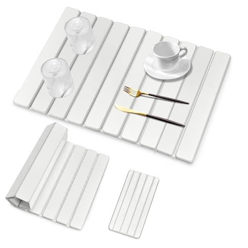 2 PCS Large Stone Dish Drying Mat for Kitchen Counter, 24"×16" Dish Drying Mat with 8"x 4" Coasters, Non - Slip Collapsible Absorbent Mat for Multi - Purpose, Match Any Countertop【White】