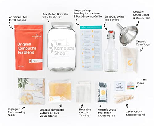The Kombucha Shop, Deluxe Kombucha Brewing Kit with Tea to Make an Additional 10 Gallons - Six Swing Top Bottles, Stainless Steel Funnel, Custom Bottle Brush, 10 Gallon Tea & Our Original Brewing Kit