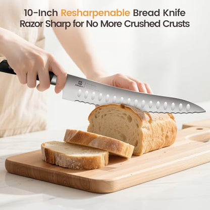 Piklohas Bread Slicer With Bread knife, World's 1st Horizontal Bread Cutter for Homemade Bread, 4 Thickness Adjustable, Paired With Multifunction Serrated Knife for Efficient Slicing, Baking Gifts - size: 10-Inch Bread Knife & Slicer