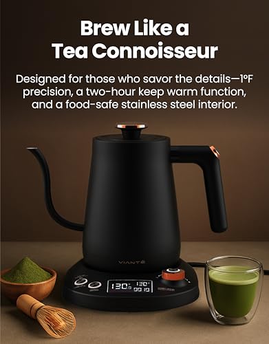 Viante Electric Gooseneck Kettle 0.8L, Pour Over Coffee & Tea, Temp Control | Boil-dry protection, keep-warm function, BPA-free stainless steel body. Includes #2 coffee filters - style: Gooseneck
