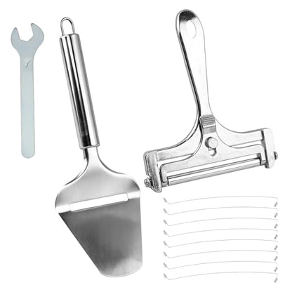 Stainless Steel Wire Cheese Slicer, Adjustable Hand Held Cheese Cutter with 8 Extra Wires & Wrench, Food Slicer for Block Butter Cutter Tools Cheeses Shaver(COLOR:silver)