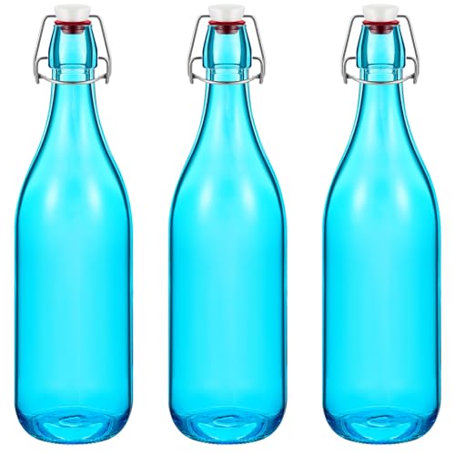 Teenyyou 3 Pcs Sky Blue Glass Bottle 1 L / 33.75 oz Decorative Bottles Sky Blue Swing Top Glass Bottles with Airtight Lid for Centerpieces Garden Decor, Bottle Tree - color: Sky Blue, size: 33.75oz