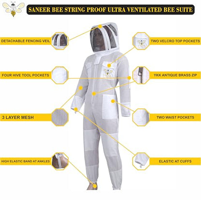 3 Layer Professional Beekeeping Suit - Saneer Bee Heavy Duty Protective Bee Suit for Safe and Efficient. Fancing Veils protection & one pair of Gloves (Medium) - size: Medium