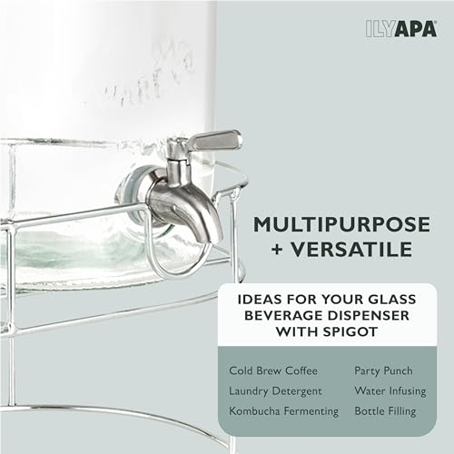 Ilyapa 2 pack 2 Gallon Glass Beverage Dispenser with Stand- Wide Mouth Mason Jar Drink Dispensers with Spigot - Leak Proof Glass Flip Top Lid - size: 2 Gallon Double Flip Top Dispenser