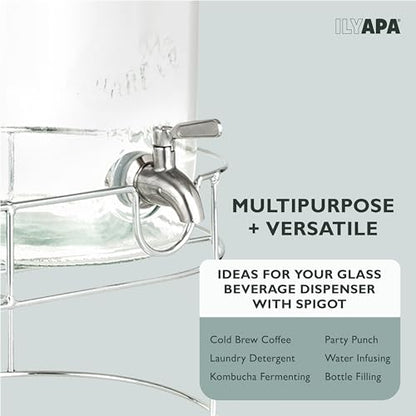 Ilyapa 2 pack 2 Gallon Glass Beverage Dispenser with Stand- Wide Mouth Mason Jar Drink Dispensers with Spigot - Leak Proof Glass Flip Top Lid - size: 2 Gallon Double Flip Top Dispenser
