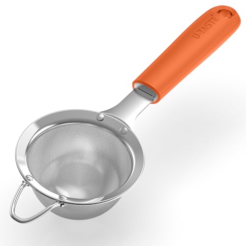 U-Taste Small Fine Mesh Strainer: 18/8 Stainless Steel 3.35in 30 Mesh Kitchen Food Sieve with Sturdy Riveted Silicone Handle, Heavy Duty Deep Handheld Metal Colander for Tea, Juice (Orange) - color: (6) Orange, size: S-3.35in