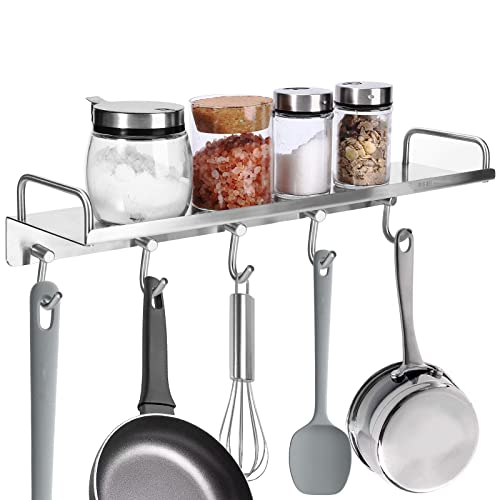 Spice Holder Rack, Coffee Mugs Storager Rack for Glass Jars Bottles, 304 Stainless Steel Shelf, Heavy Duty Kitchen Organizer Wall Mounted, Pots Pans Hanger Holder, 16 Inch With 5 Hooks (Silver)