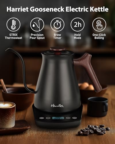 Harriet Gooseneck Electric Kettle - 1200W Fast Heat, 0.8L Stainless Steel, Precision Temp Control & Timer, Wood Handle, Pour Over Coffee and Tea, Black - color: Black