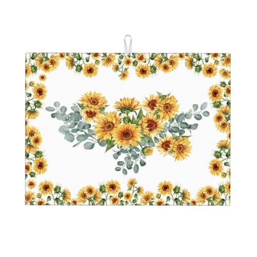 Sunflower Dish Drying Mat for Kitchen Counter 18 x 24 inch Yellow Sunflowers Dish Drainer Rack Mats with Hanging Loop Sunny Floral Wreath Dishes Drainer Pads Bright Blossoms Drying Pad - color: white yellow