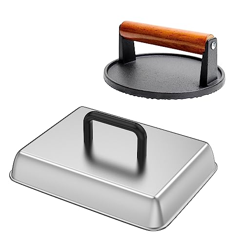 SafBbcue Round Cast Iron Smash Burger Grill Weight Press & Griddle Steamer Melting Dome Basting Cover for Blackstone Flat Top Grills Accessories, 14" Rectangular Stainless Steel Grill Basting Cover - style: 14InDome+Round Press