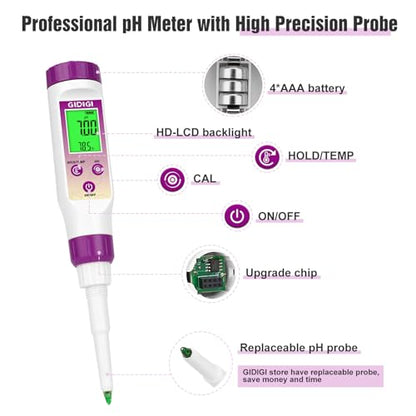 pH Meter for Food Fermentation, Spear pH Probe for Canning Salsa | ±0.01 pH tester with ATC. Replaceable probe with pH calibration kit. For bread dough, hot sauce, kombucha, cosmetics - color: Purple Food pH Meter
