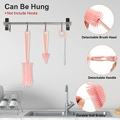YomauiYee Baby Bottle Brush Set-6 in 1 Bottle Brush Cleaner with Silicone Bottle Brush,Drying Rack,Nipple Brush,Straw Brush,Soap Dispenser&Storage Box-Baby Essentials Gifts for Home&Travel(Pink) - color: Pink