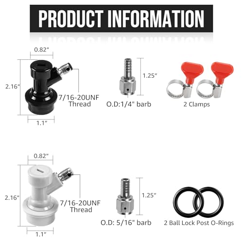 1 Pairs Keg Ball Lock Quick Disconnect Set Home Brewing Keg Parts Ball Lock Keg Fittings with Stainless 5/16'' Gas 1/4'' Beer Barb Swivel Nuts 2 Hose Clamp for Keg Post Coupler Black White - size: 1 Pair