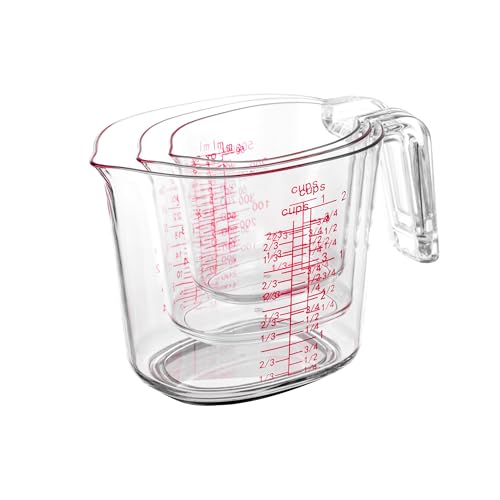 3-Piece Nesting Liquid Measuring Cups Set, Clear Plastic Measuring Jugs with Spout and Multiple Measurement Scales, 1 Cup, 2 Cup, 4 Cup for Baking and Cooking