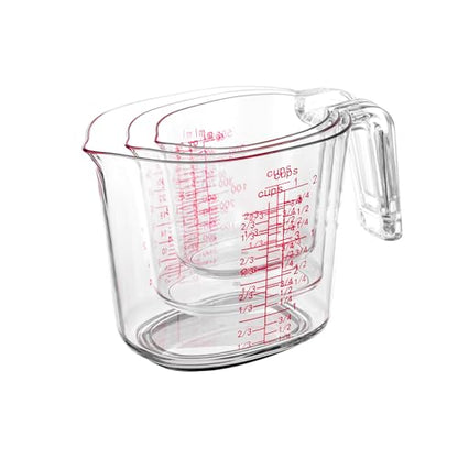 3-Piece Nesting Liquid Measuring Cups Set, Clear Plastic Measuring Jugs with Spout and Multiple Measurement Scales, 1 Cup, 2 Cup, 4 Cup for Baking and Cooking