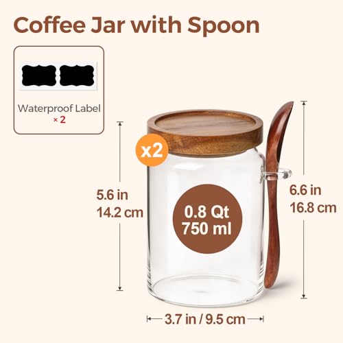 ComSaf of 2(0.8Qt) Glass Coffee Canister, Airtight Coffee Container with Spoon for Coffee Lovers to Store Whole Beans or Grounds, Coffee Jar Organize Coffee Bar & Office Tabletop - size: 0.8Qt*2