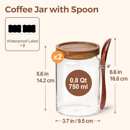 ComSaf of 2(0.8Qt) Glass Coffee Canister, Airtight Coffee Container with Spoon for Coffee Lovers to Store Whole Beans or Grounds, Coffee Jar Organize Coffee Bar & Office Tabletop - size: 0.8Qt*2