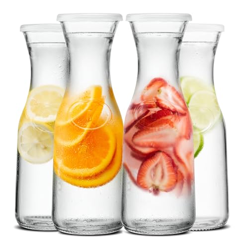 Kook Glass Carafe, Mimosa Bar Supplies, Carafe Pitchers with Lid, Glass Water Pitcher, Drink Dispensers for Parties, Tea, Wine, and Juice, Plastic Lids, Dishwasher Safe, 35 oz (set of 4) - color: Set of 4, 1 Liter