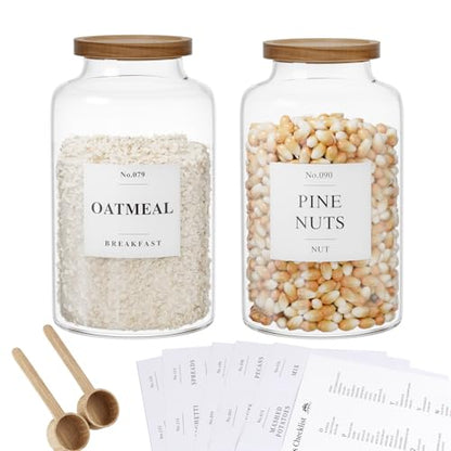2 PCS Flour Sugar Storage Containers Glass, Large Glass Food Storage Jars with Wood Airtight Lids, 132 Pantry Labels and 2 spoon for Coffee, Flour, Sugar, Spice (98 oz/2800 ml)